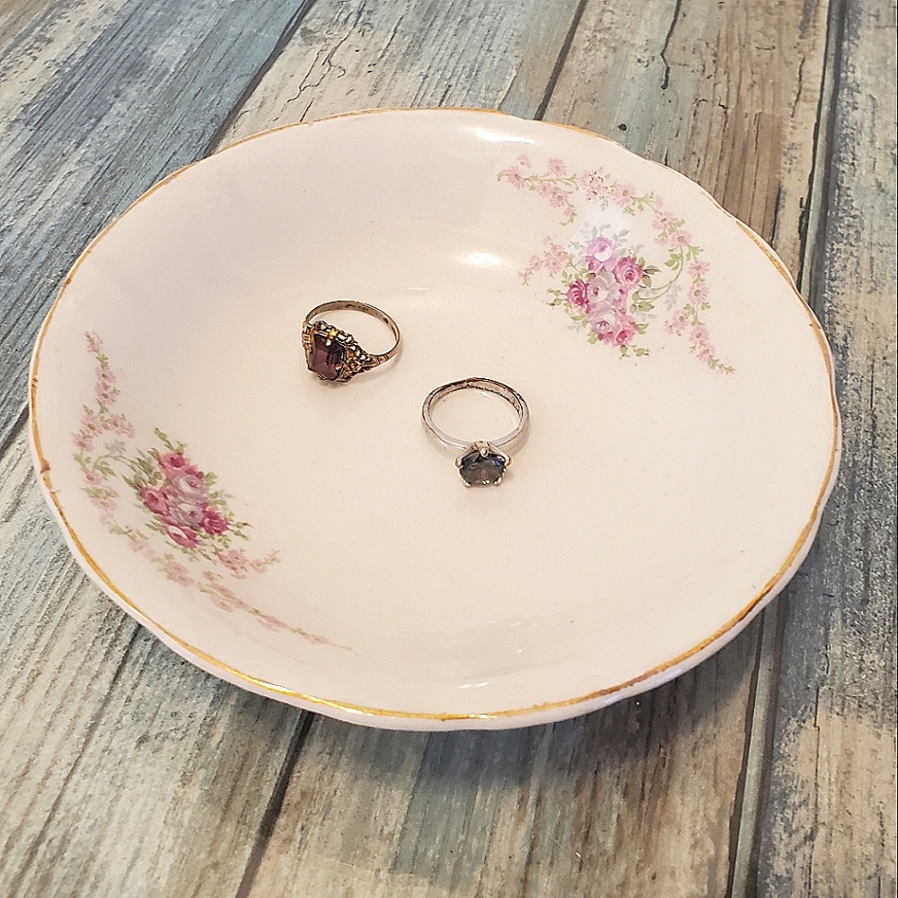 Vintage pink flowers and gold ceramic 12 jewelry trinket holder dish